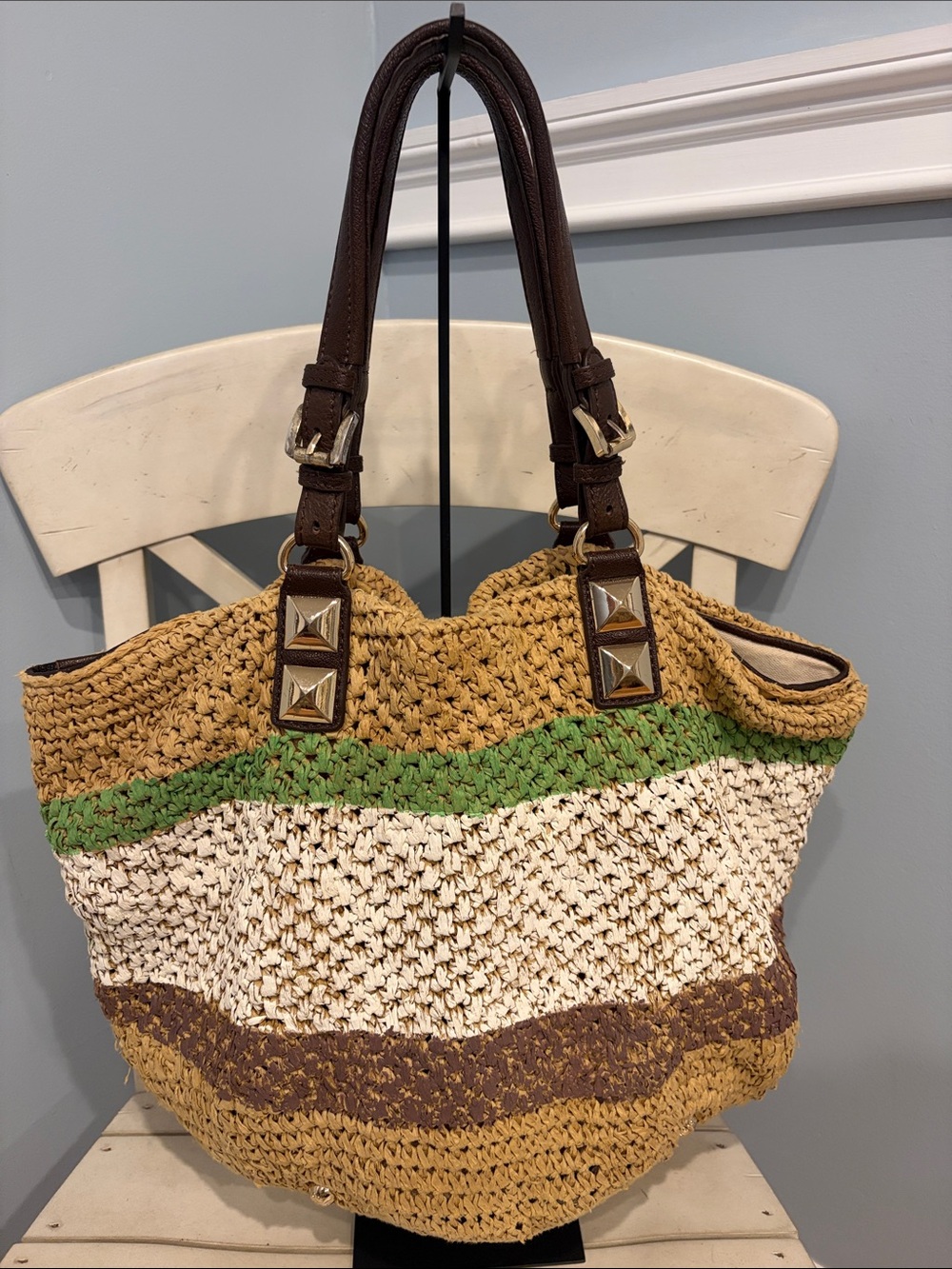 Michael Kors Woven Straw Tote Bag with Green Accent vintage